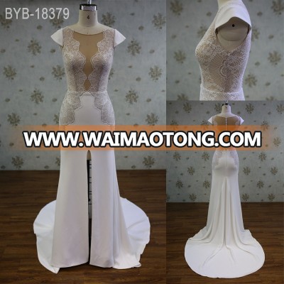 Cap sleeves Floor Length Front Split Hot Sexy back Applique Lace Satin Wedding Dress