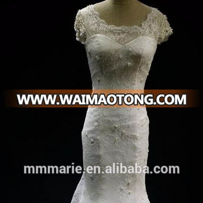 New Arrival Gorgeous Elegant White Trumpet Mermaid Wedding Dress, Short Sleeve Floor-length Lace Appliqued Bridal Dress