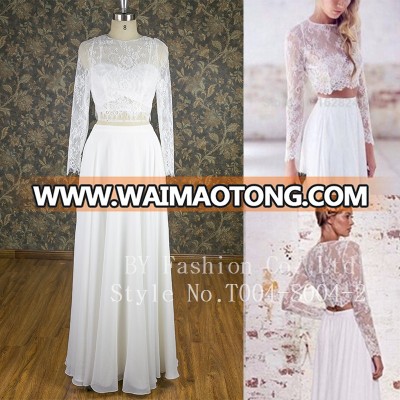 sexy lace flower bridal wedding dress two piece factory price custom made luxury long sleeve wedding dresses