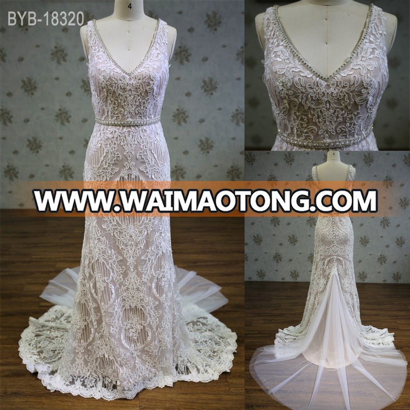 New V-neck Spaghetti Straps  Sweep Appliqued lace Train Wedding Dresses With  Beading