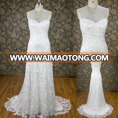 elegant spaghetti strap lace appliqued sweep train sheath mermaid bridal gowns