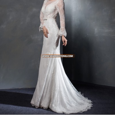 Elegant trumpet sleeve lace appliqued party dresses bow knot belt see through back A-line wedding dresses